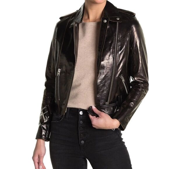 NEW All Saints Rigby Burnt Brown Burgundy Leather Crop Moto Jacket - Picture 1 of 16